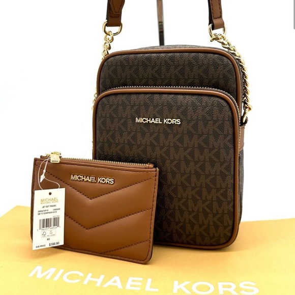 Michael Kors Medium NS Chain Xbody Bag & Small TZ Coinpouch w/ID Brown/Gold - Picture 1 of 14